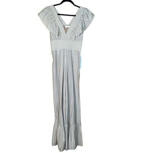 NSR Striped Ruffle Sleeve Wide Leg‎ Jumpsuit Tan Blue White V-Neck NWT